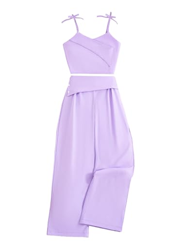 Image of Girl's 2 Piece Outfits Casual Button Spaghetti Strap Knot Cami Top and High Waist Wide Leg Pants Set