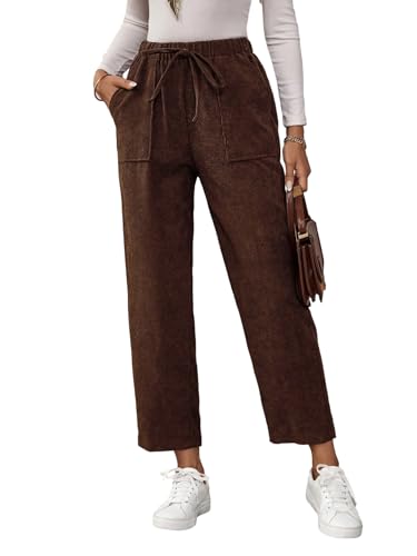 SOLY HUX Damen Hose Elegant Cordhose Hohe Elastische Bund Freizeithose Herbst Büro-Hose Cord Freizeithose Abgeküurzt mit Taschen Casualhose Kaffeebraun XL