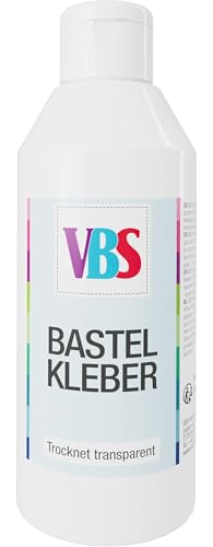 VBS Bastelkleber für Pappe Karton Textilien Stoffe Papier Papiermaché Holz Kunststoff Filz Kork Leder Transparent Wasserbasis Geruchsneutral Flüssigkleber Lösungsmittelfrei Linerflasche Tube 265 g