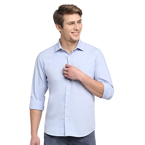 Image of Cantabil Men Cotton Blend Solid Sky Blue Full Sleeve Casual Shirt (P-MSHC00233-SKY Blue)