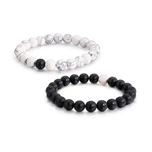 2 pack Howlite Bracelet Matte Agate Bracelet White Turquoise Stone Bracelet Couples/Distance Bracelet,Energy Beads Bracelet for Valentine's Day Present