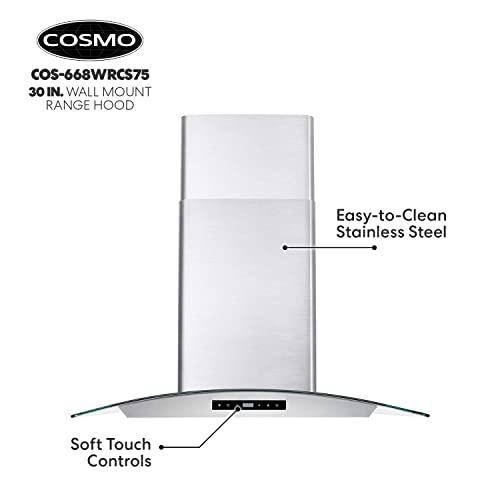Cosmo COS-668WRCS75 Wall Mount Range Hood With Ducted Exhaust Vent, 3 Speed Fan, Soft Touch Controls, Tempered Glass thumb #7