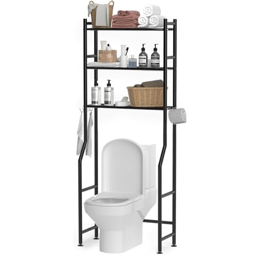 Estante de almacenamiento de metal de 3 niveles con 4 ganchos para el inodoro, estante de almacenamiento independiente para baño, dimensiones: 66 x 30 x 156 cm