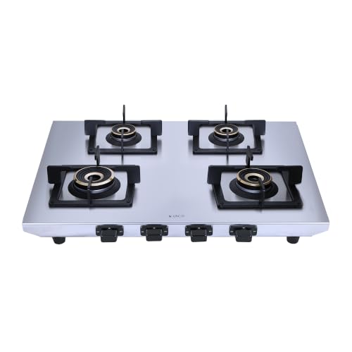 Image of Elica 4 Burner 2mm Stainless Steel Gas Stove | INOX HD 4B 69 SG | 69cm Compact Layout, Forged Brass Burners - 1 Jumbo 1 Medium & 2 Small Burners, Square Grid Pan Support, 2 Yr Warranty