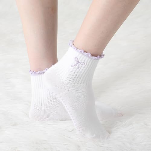 Image of Jeyiour Summer Cute Pilates Socks Women Bow Nonslip Ruffle Yoga Socks with Grip Barre Pilates Gift for Work Dance Fitness