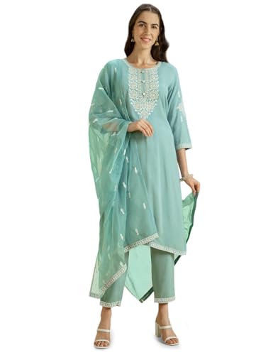 Image of Kaari Women's Embroidered Kurti Set with Dupatta | Ethnic Suits with Embellished Dupatta | Everyday and Festive Kurti Set for Women