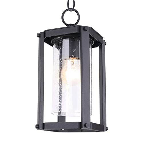 Goalplus 11.9” High Outdoor Pendant Light Fixture, Matte Black Hanging Porch Light, Exterior Waterproof Ceiling Lantern With Clear Seeded Glass For Gazebo, Height Adjustable, 1 Pack, Lmsp2105Bk-S #TOP6