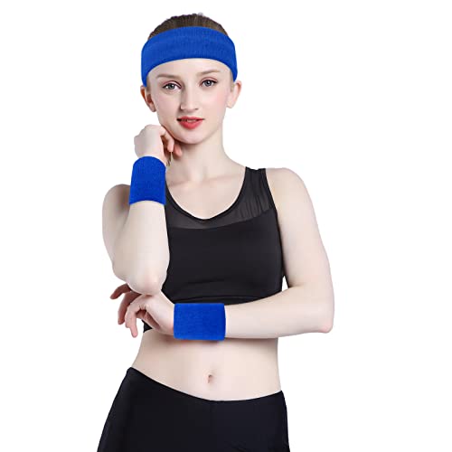 image for ONUPGO Blue Sweatband Set Sports Headband Wrist Striped Sweatbands Ter