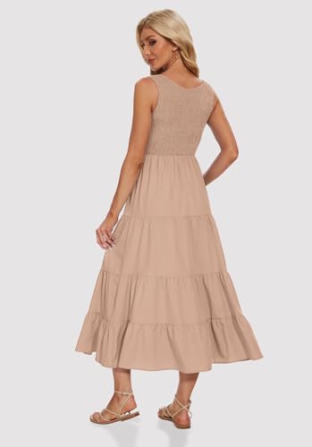 Image of Women's Summer Smocked Maxi Dresses Sleeveless U Neck Ruffle Hem Tiered A Line Flowy Dress