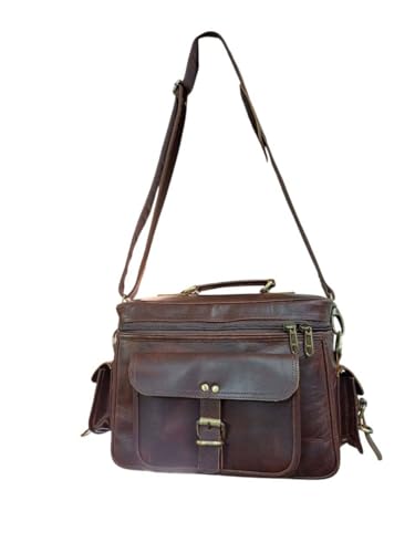 Gofallo Brown Leather Office Shoulder Bag with Multiple Pockets