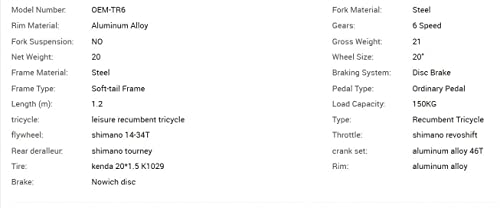 Bicicleta de triciclo reclinada de 50,8 cm, 6 velocidades, pedal de 3 rodas