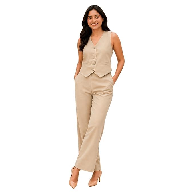Image of Women Cotton Blend Western Co-Ord Set | Stylish Top & Pant Set for Women | Dress For Womens | Casual High Waist Solid Pant Outfit