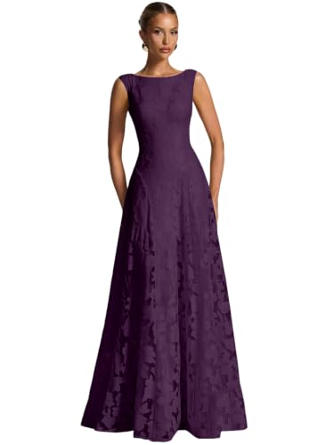 Boho Floral Bridesmaid Dresses Long Scoop Neck Formal Evening Gown Plum