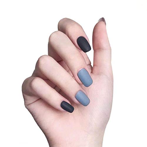 TJJF Falsche Nägel 24 Stück matte künstliche Nägel mit für Office Home Nagelspitzen Schwarz Hellblau Sprungfarbe Kurz gefälschter Nagel Drücken Sie auf Für Mädchen