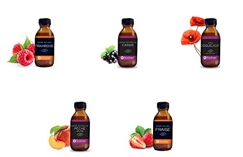 Lot de 5 aromes naturels : coquelicot - fraise - cassis - framboise - peche jaune