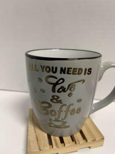 Ceramic Coffee Mug with Wooden Coaster, White with Black Rim, All You Need Is Love & Coffee Quote, Gold Lettering