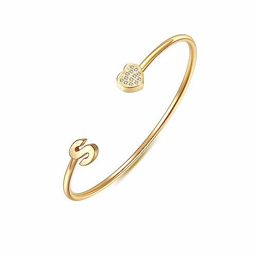 Image of VQYSKO Heart Initial Cuff Bracelets for Woman-CZ Stainless Steel Adjustable Open Bracelet Woman Jewellery,Birthday Gifts for Woman