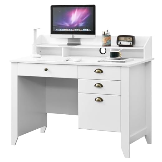 Catrimown Computer Desk with Drawers and Hutch Shelf, Wood Executive Desk Teens Student Desk Writing Laptop Home Office Desk for Small Spaces, White Oak