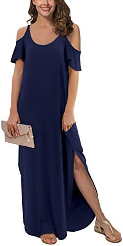 GRECERELLE Women's Summer Casual Loose Long Dress Strapless Strap Cold Shoulder Short Sleeve Split Maxi Dresses with Pocket Navy Blue-Large