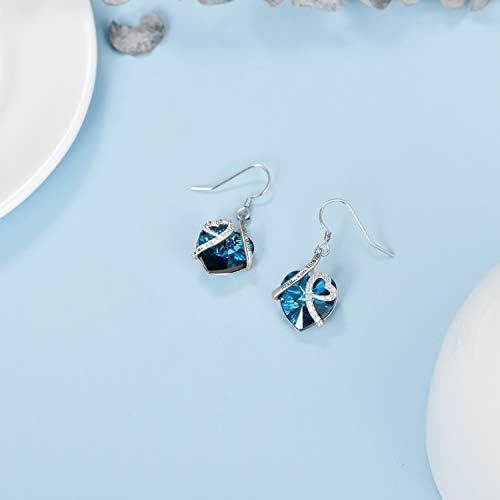 Heart Earrings Sterling Silver ''I Love You" Dangle Drop Earrings with Birthstone Crystals, Valentine Anniversary Birthday Gifts for Her Wife Mum Women Girlfriend