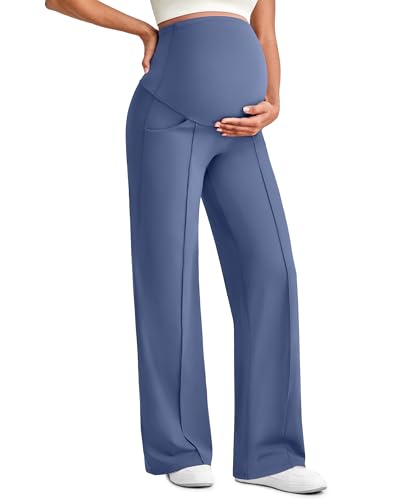 G4Free Maternity Pants with Pockets Workout Wide Leg Pregnancy Clothes Over The Belly Stretchy Dress Work Slacks Activewear (Denim Blue,L,Tall)