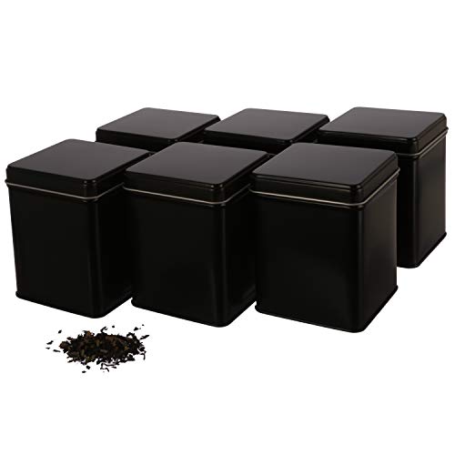 6 x klassische eckige Teedose/Vorratsdose, STAPELBAR, aromadicht aus Metall für je 140g Earl Grey, inkl. 6 Etiketten | 9.8 x 7.6 x 7.6 cm (H,B,T) | auch ideal als Mehl-, Reis- oder Gewürzdose Cover