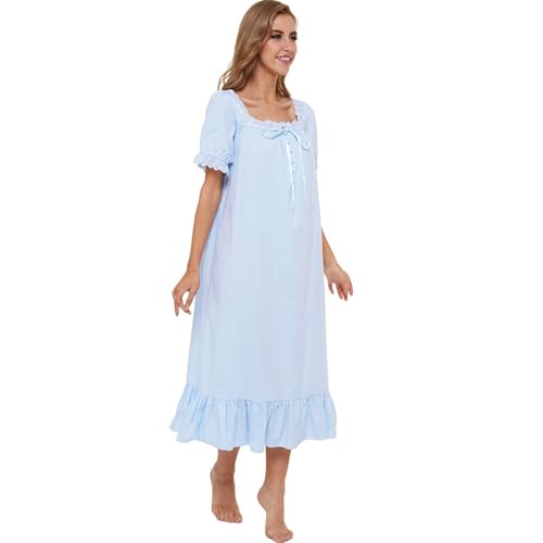 Image of Lu's Chic Women's Victorian Nightgown Cotton Sleepwear Long Loungewear Short Sleeve Soft Nightwear Night Dress Sleep Calf Length Ruffle Nightdress Scoop Neck Lace Solid Blue X-Large