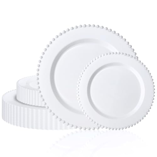 U-QE 60PCS White Plastic Plates - Fancy Beaded Plates Disposable Heavy Duty - Premium Hard Plastic Plates for Party Wedding & Birthday Including 30 Dinner Plates 10 & 30 Dessert Plates 7