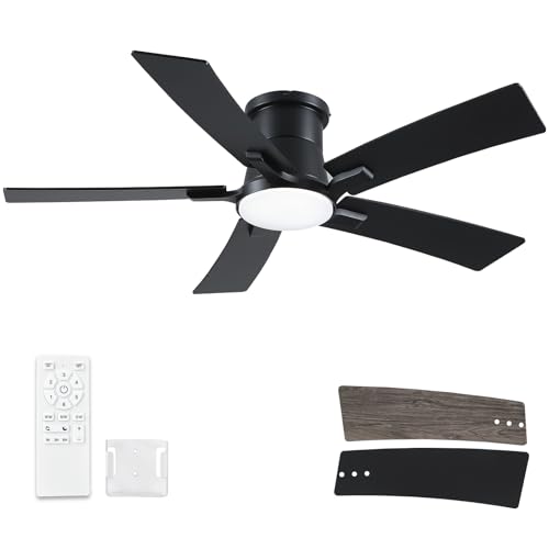 46 Inch Ceiling Fans with Lights and Remote, Black Low Profile Ceiling Fan, Flush Mount Style with 5 Blades, For Indoor Bedroom Living Room/Outdoor, 6 Speed Reversible DC Motor, 3CCT Dimmable LED