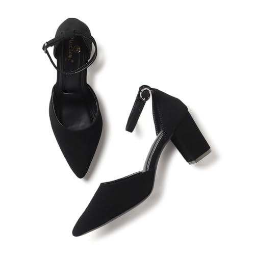 Image of Marc Loire Women's Pointed Toe Block Heel Pumps | Office & Party Shoes with Ankle Loop & Buckle Strap | Formal Footwear