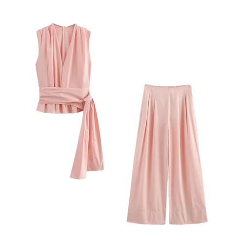 Ensemble 2 pièces pour femme Alloaone avec haut à lacets col en V et pantalon large taille haute L