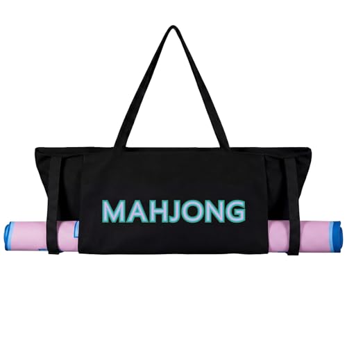 Abbylike 28x9 Inches Mahjong Bag for Rolled Mat Tiles Racks Pushers Accessories Empty Mahjong Tote Bag with Zipper Closure Outer Pockets Lining Large Capacity(Black,Canvas)