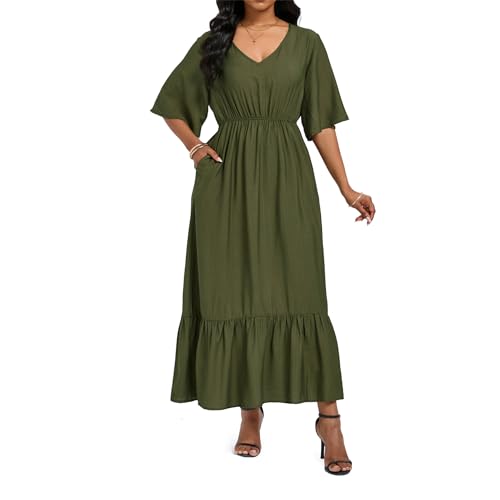 Image of Women's Summer Short Sleeve Maxi Floral Flowy Dresses with Pockets
