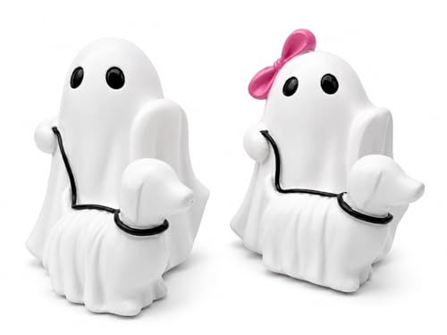 Halloween Ghost Walking Dog Figurines, Resin Statues with Pink Bow, Cute Spooky Tabletop Decor for Shelf, Mantel, Tiered Tray, Entryway, Home Decorations Gift for Dog Lovers (Ghost Walking Dog) - image 1