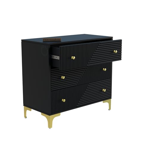 Image of Wooden Chest of Drawers | 3 Drawers Dresser Console Cabinet for Bedroom, Living Room, Drawing Room & Office | Multipurpose Storage Sideboard | HDMR Premium Wood & Iron, Black