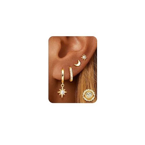 Dochais 3/4 Paires Boucles d'oreilles Argent 925 pour Femme Plaquée Or 14 Carats Petites Clou d'Oreilles Boucles d'Oreille Créoles pour Plusieurs Piercings Oreille...