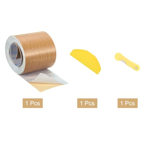 Image of uxcell 1 Roll Wood Grain Tape, 1.97 inch x 33 Ft Realistic Textured Repair Tape Self Adhesive Wood Textured Patch with Tool for Floor Wall Door Table Cabinets Furniture Home Decor(Orange)