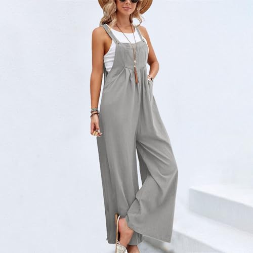 Image of Kubbon Womens Wide Leg Jumpsuits Sleeveless Straps Bib Overalls Summer Baggy Casual Pants Rompers Overalls with Pockets