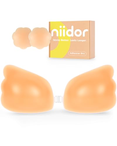 Image of Niidor Sticky Bra Strapless Silicone Adhesive Push Up Invisible Backless Bra for Women with Nipple Covers Wing-Shape Pink