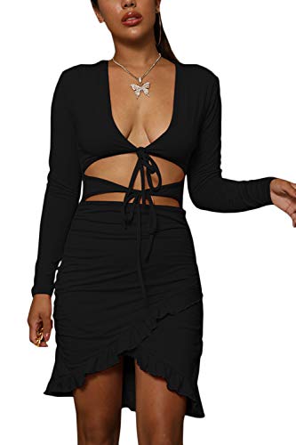 ioiom Womens Sexy Bodycon Cut Out Long Sleeve Outfit Mini Club Dress Black XS