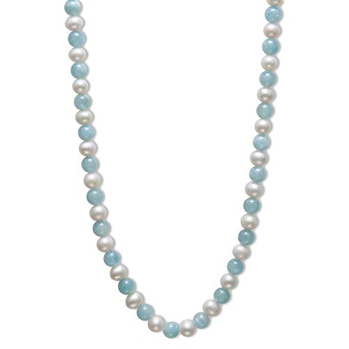 Belacqua Sterling Silver Cultured Freshwater Pearl and Natural Aquamarine Necklace, 18"2