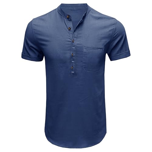 Men Henry Collar Solid Short Sleeve T Shirt Quarter Button Daily Style Shirts Summer Loose Breathable Pullovers Top (Dark Blue,Medium)