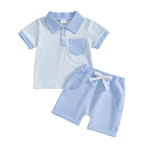GGBNOMER Toddler Baby Boy Summer Clothes Plaid Lapel Short Sleeve T-Shirt Top Shorts Sets Infant Outfit 6 12 18 24 Months (Plaid Blue 12-18 Months)