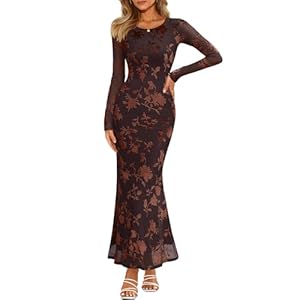 MEROKEETY Women’s Fall Formal Wedding Guest Dress Long Sleeve Maxi Bodycon Floral Mesh Winter Cocktail Party Dresses