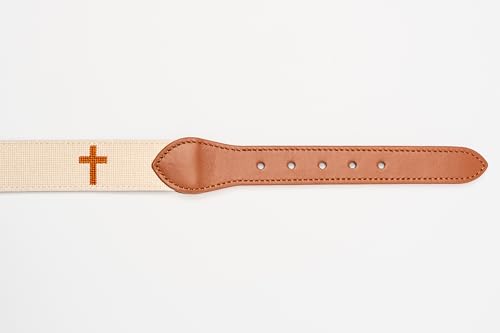 Palmetto Golf & Belts, Cross Embroidered golf belt, Beige backdrop with Brown Cross3