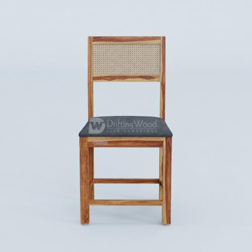 Image of DRIFTINGWOOD Amber Solid Sheesham Wood 6 Seater Dining Table Set with Rattan Back Chairs | Grey Velvet Cushioned Seating for Home & Dining Room (Natural Finish, DIY)