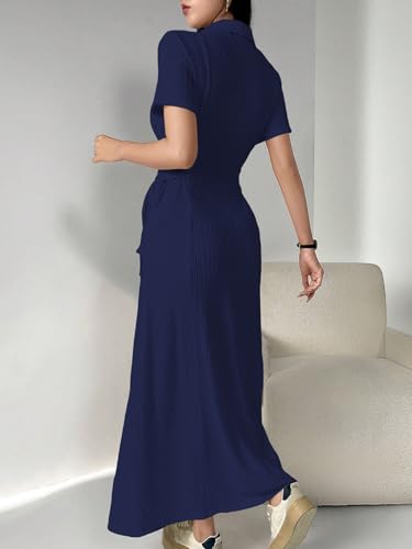 Image of Shasmi Women's Solid Color Applique Lace-Up Collared Short Sleeve, Side-Tie Waist Long Casual Maxi Women Dress Outfit Long Evening Midi Western Party Dress for Women (Dress 211)