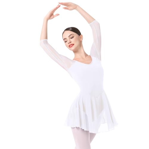 FYMNSI Damen Ballettkleid Ballettanzug Ballettbody 3/4 Arm Chiffon Tanzkleid Eiskunstlauf Kleid Erwachsene Ballettkleidung Rückenfrei Tanz Body...