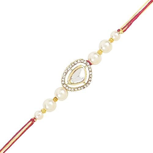Image of I Jewels Designer Kundan Pearl Rakhi With Roli Chawal & Rakshabandhan Card For Brother /Bro /Bhai /Men (R094)