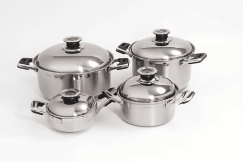 CRC California Batería de Cocina 8 Piezas, 4 Ollas y 4 Tapas con Termómetro, Acero Inoxidable, Fondo Tricapa Difusor, Apta para Inducción